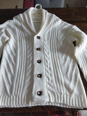 Vintage Cable Knit Cardigan Sweater White Men’s L 70s 80s EUC